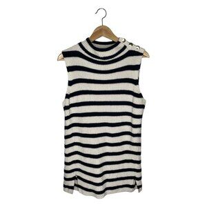 Loft Navy White Striped Mockneck Tunic Sweater Vest Buttons at Shoulder Size M